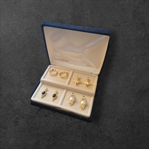 Unknown Jewelry - Elegant Vintage Gold Pearl and Black Hoop Earring Set NWT